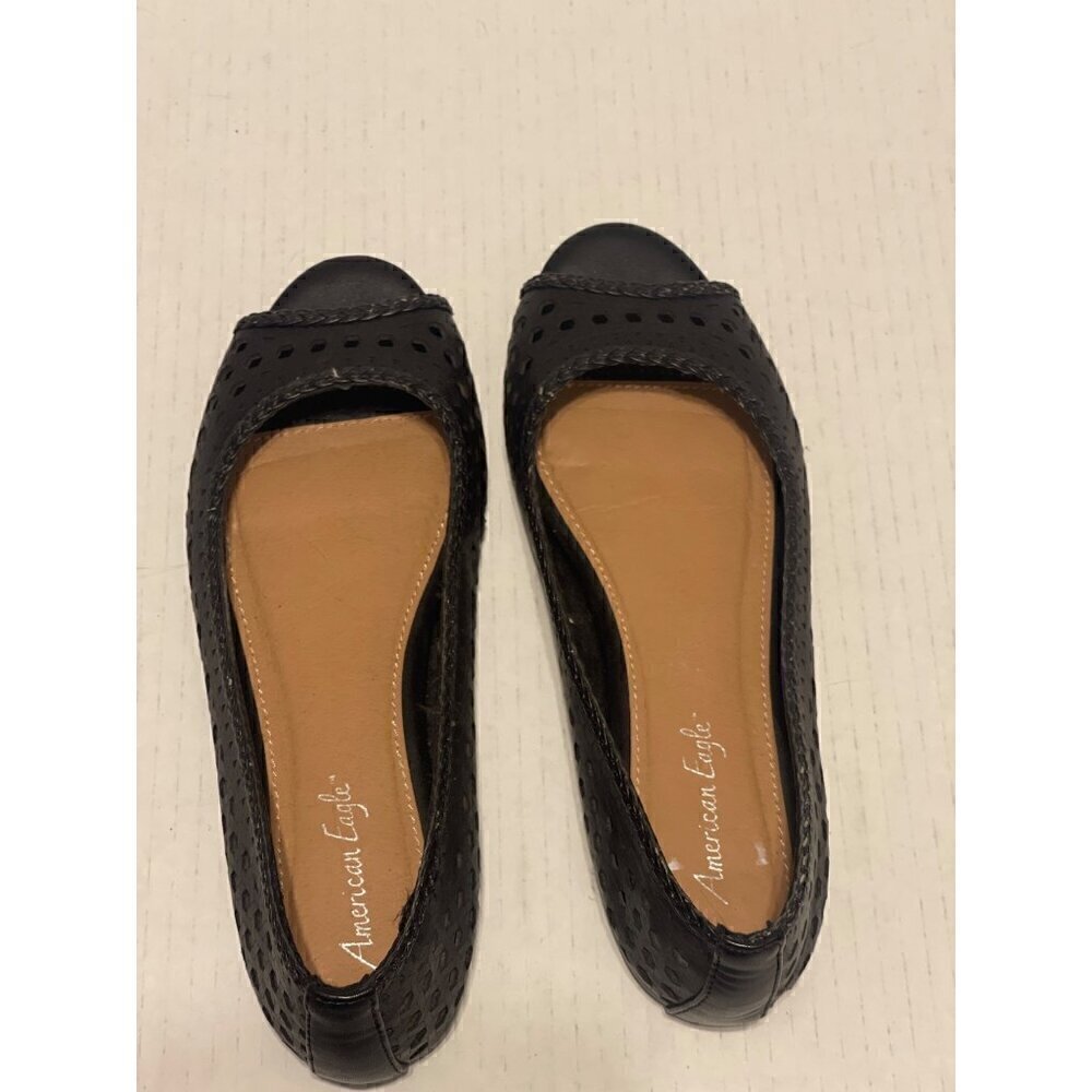 American Eagle Women Ballet Flats Black Shoes Faux Leather Cutout Peep Toe 71/2